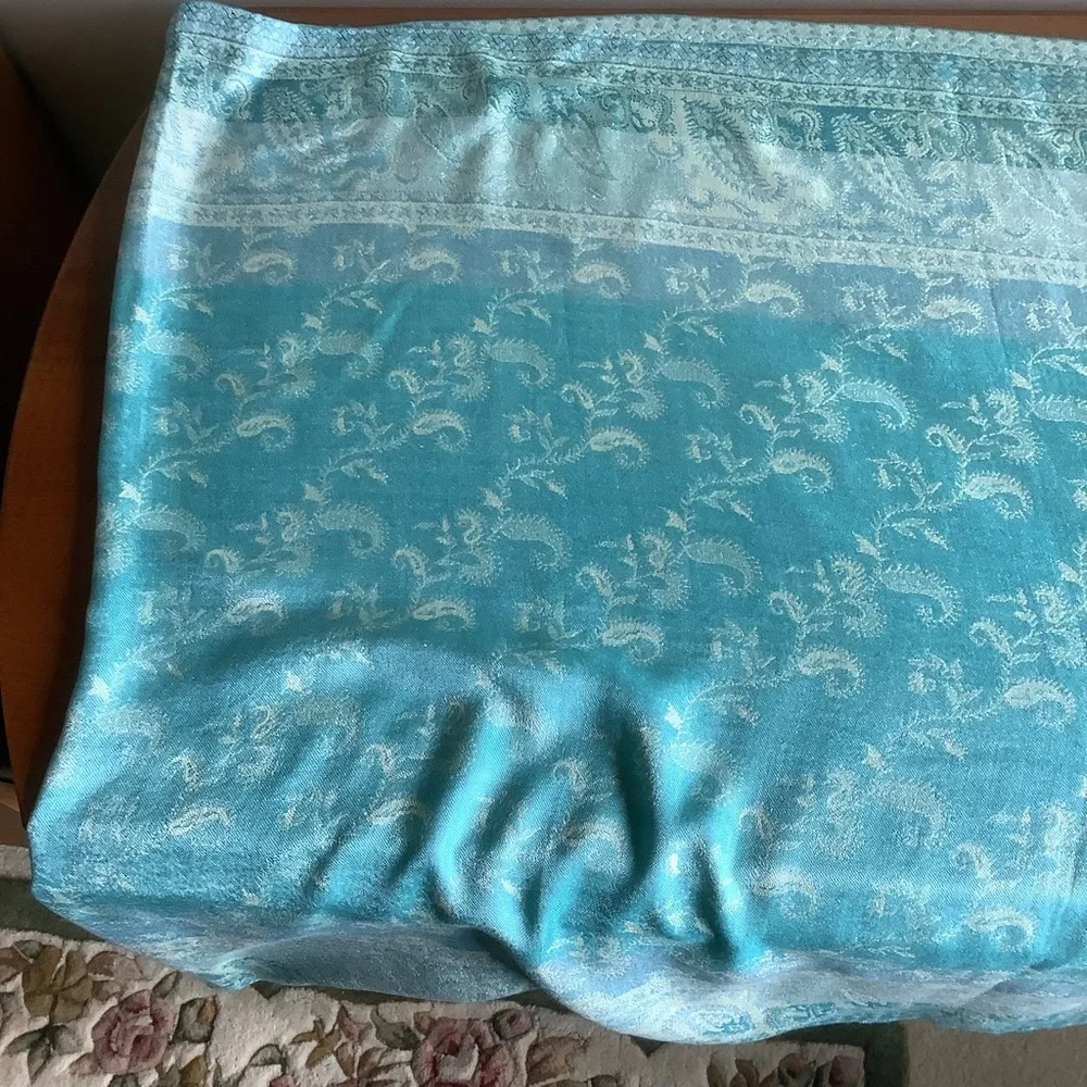 Silk Aqua Blue Paisley Summer Wrap with Fringe